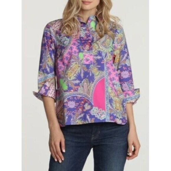 Hinson Wu Aileen 3/4 Sleeve Paisley Printed Shirt Button Back Size 16 $270 NWOT - Picture 1 of 16
